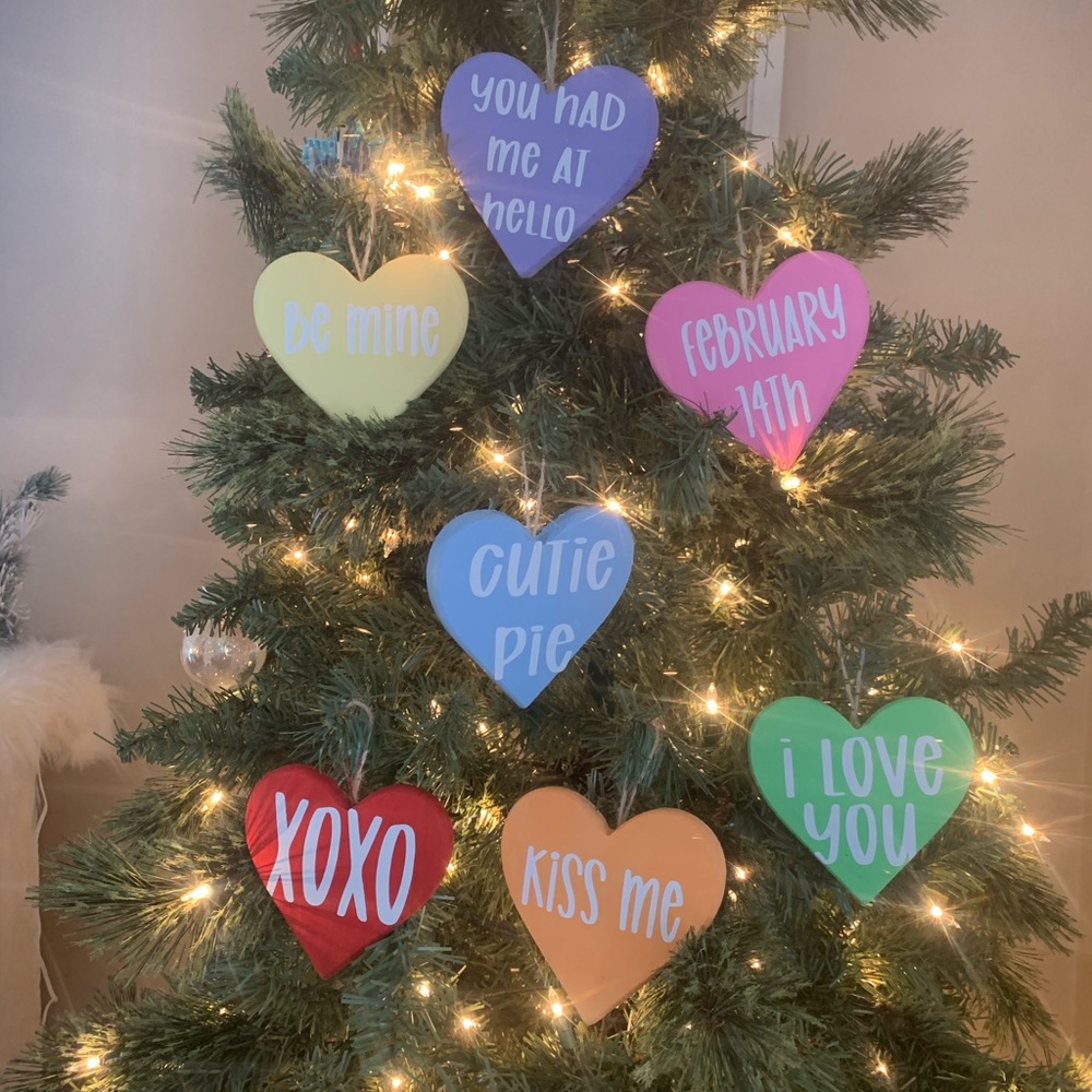 Wooden Valentine’s Day candy heart ornaments